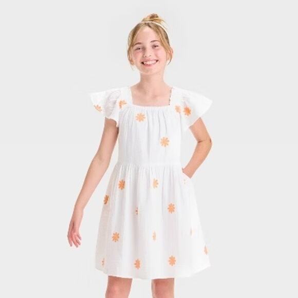 Cat & Jack NWT Girls' White and Orange Floral Cotton Dress Size L (10/12) - Picture 1 of 7